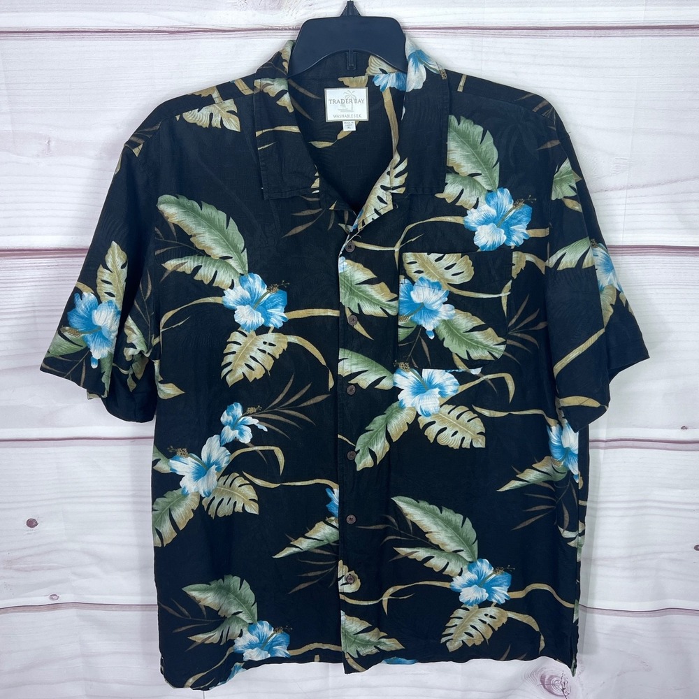 Trader Bay Shirt Mens XL Black Hibiscus Floral Print Button Up Washable Silk